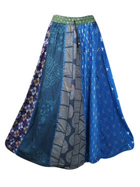 Womens Bohemian Skirt, Panel Skirts, Flared, Blue Dori Patchwork Long Skirts S/M/L