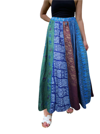 Blue Multi Boho Maxi Skirt – Floral Print Hippie Skirt with Dori Tie & Stretch Waist S/M/L