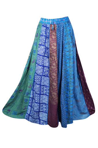 Dori Patchwork Long Skirt, Vertical Patchwork in Blue & Gold, Elastic Waist Skirts SML