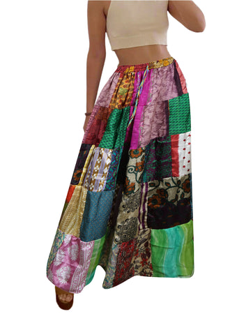Women's Pink Floral Recycled Silk Maxi Skirt – Multicolor Boho Patchwork Summer Skirt S/M