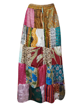 Womens Berry Crush Maxi Skirt, Patchwork Recycle Silk Skirts Handmade Beach Skirts SML