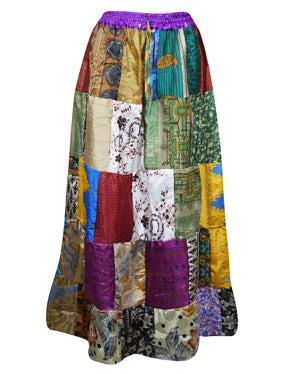 Womens Crimson Sky Patchwork Maxi Skirt, Silk Sari Beach Festival Retro hippy Skirts SML
