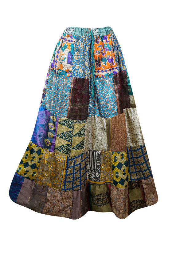 Womens Summer Maxi Skirt, Blue Oasis Patchwork Hippie Recycle Silk Skirts S/M/L