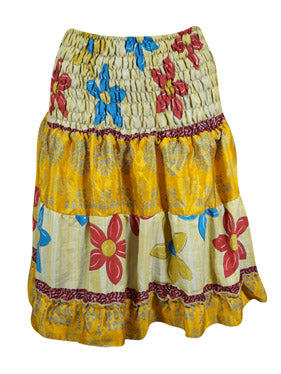 Womens Summer Skirt, Multi Yellow Beach Hippy Recycle Silk Sari Gypsy Skirts S/M