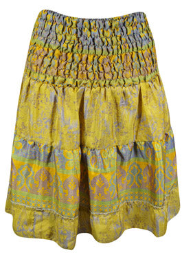 Womens Summer Ruched Elastic Skirt, Yellow Beach Hippy Recycle Silk Skirts S/M