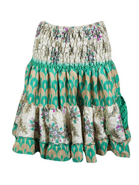 Boho Style Summer Ruched Elastic Skirt, Green Beach Hippy Recycle Silk Skirts S/M