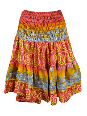 Womens Summer Ruched Elastic Skirt, Red Beach Hippy Recycle Silk Skirts S/M