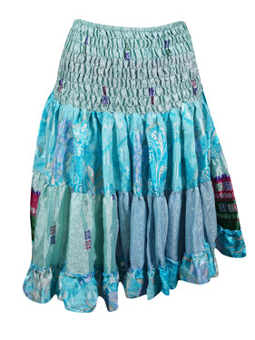 Womens Summer Ruched Elastic Skirt, Blue Beach Hippy Recycle Silk Skirts S/M
