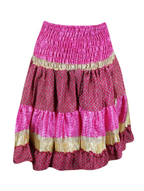 Womens Summer Ruched Elastic Skirt, Pink Beach Hippy Recycle Silk Skirts S/M