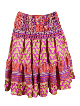 Womens Summer Ruched Elastic Skirt, Pink Beach Hippy Recycle Silk Skirts S/M