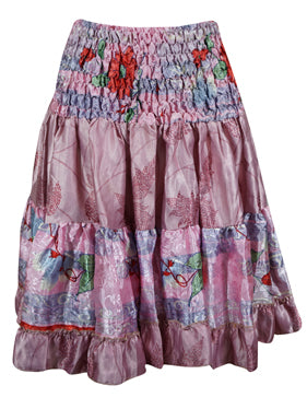 Boho Style Summer Ruched Elastic Skirt, Purple Beach Hippy Recycle Silk Skirts S/M