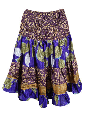 Boho Style Summer Ruched Elastic Skirt, Purple Beach Hippy Recycle Silk Skirts S/M
