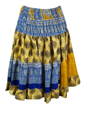 Womens Summer Ruched Elastic Skirt, Yellow Beach Hippy Recycle Silk Skirts S/M