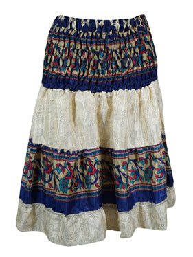 Womens Summer Ruched Elastic Skirt, White Beach Hippy Recycle Silk Skirts S/M