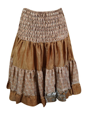 Boho Style Summer Ruched Elastic Skirt, Brown Beach Hippy Recycle Silk Skirts S/M