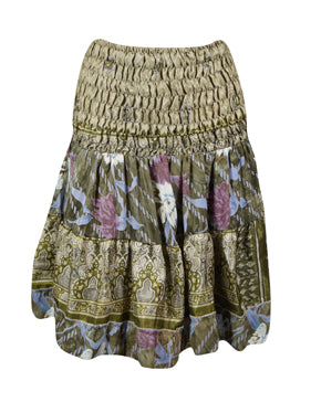 Boho Style Summer Ruched Elastic Skirt, Moss Green Beach Hippy Recycle Silk Skirts S/M