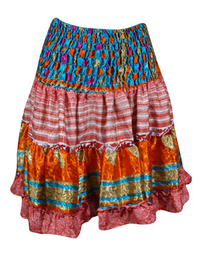 Boho Style Summer Ruched Elastic Skirt, Red Floral Beach Hippy Recycle Silk Skirts S/M