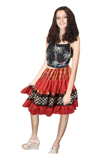 Women's Floral Red Print Smocked Waist Mini Skirt Elastic Bohemian Skirt S/M