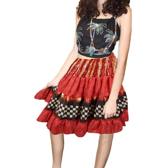 Women's Floral Red Print Smocked Waist Mini Skirt Elastic Bohemian Skirt S/M