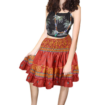 Women's Dark Red Print Tiered Elastic Waist Skirt Ruched Mini Bohemian Skirt S/M
