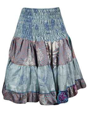 Womens Summer Ruched Elastic Skirt, Iceberg Blue Beach Hippy Recycle Silk Skirts S/M