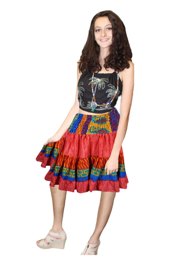 Women Summer Smocked Mini Skirt Elastic Red Beach Cover Up Skirts S/M