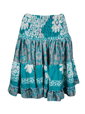 Womens Summer Ruched Skirt Blue Floral Beach Recycle Silk Skirts S/M
