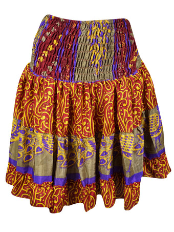 Women Summer Elastic Skirt, Red Yellow Beach Recycle Silk Skirts S/M