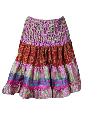 Womens Red Ruched Pink Floral Beach Recycle Silk Skirts S/M