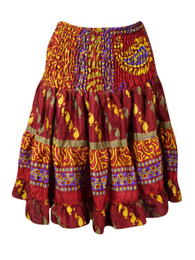 Women Summer Elastic Skirt, Red Beach Recycle Silk Skirts S/M