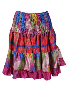 Women Summer Elastic Skirt, Colourful Beach Recycle Silk Skirts S/M
