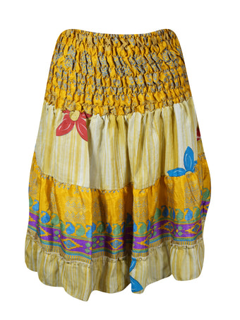 Womens Summer Ruched Skirt Yellow Floral Beach Recycle Silk Skirts S/M