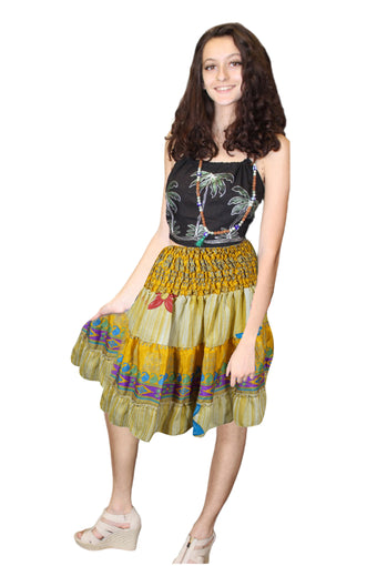 Women's Yellow Floral Ruched Skirt – Recycled Silk Summer Beach Skirt with Elastic Waist S/M