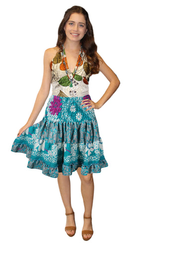 Women's Sky Blue Floral Ruched Skirt – Recycled Silk Boho Summer Beachwear S/M