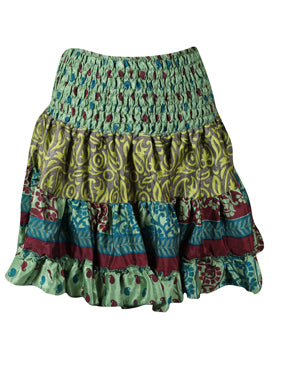 Ruched Skirt Boho Green Beach Recycle Silk Skirts S/M