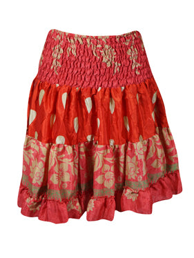 Women Boho Chic Skirt Rose Red Beach Recycle Silk Stylish Skirts S/M