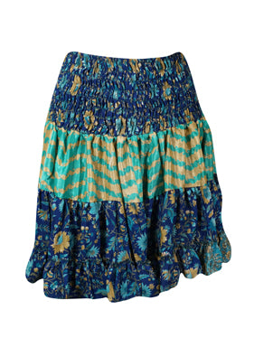 Womens Summer Ruched Skirt Azure Blue Floral Beach Recycle Silk Skirts S/M
