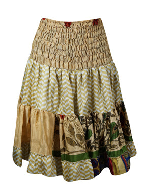 Womens Summer Ruched Skirt Beige, Green Beach Recycle Silk Skirts S/M