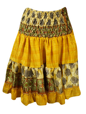 Womens Summer Ruched Skirt Yellow Floral Beach Recycle Silk Skirts S/M