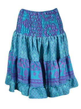 Womens Summer Ruched Skirt Tufts Blue Floral Beach Recycle Silk Skirts S/M