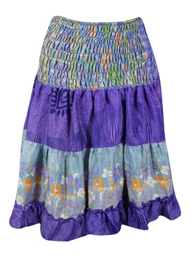 Womens Summer Ruched Skirt Purple Floral Beach Recycle Silk Skirts S/M