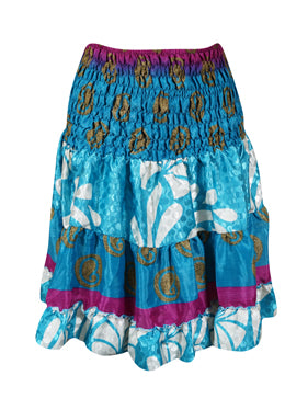 Womens Summer Ruched Skirt Sky Blue Floral Beach Recycle Silk Skirts S/M