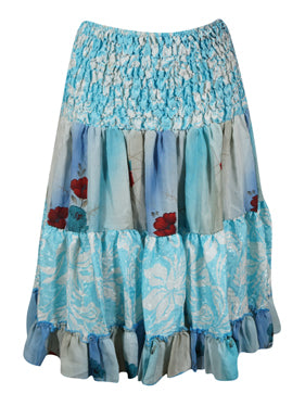 Womens Summer Ruched Skirt Sky Blue Floral Beach Recycle Silk Skirts S/M