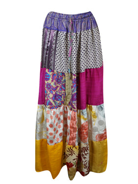 Womens Beachy Blue Maxi Skirt, Pink, Yellow Patchwork Recycle Silk Skirts S/M