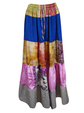 Womens Azure Blue Multi Flared Maxi Skirt Patchwork Boho Skirts S/M/L
