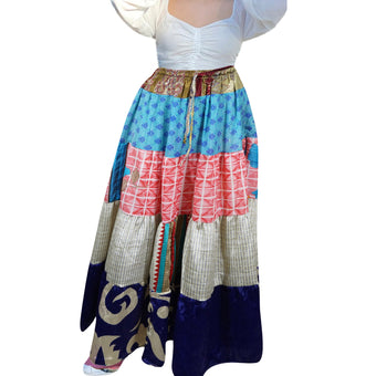 Women's Sky Blue Patchwork Maxi Skirt – Boho Beach Long Skirt S/M/L