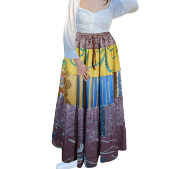 Women's Yellow and Blue Patchwork Maxi Skirt – Flared Boho Skirt Handcrafted S/M/L