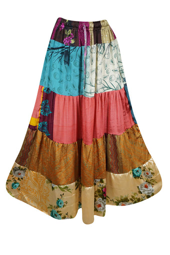 Womens Blue, Red Floral Beach Maxi Skirt Patchwork Boho Skirts S/M/L