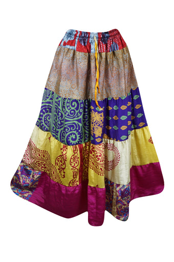 Womens Long Beach Maxi Skirt Yellow Patchwork Boho Skirts S/M/L