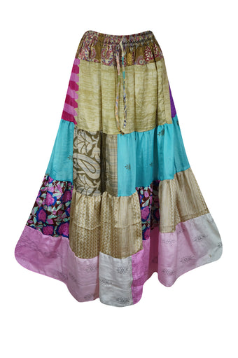 Womens Long Maxi Skirt Beige, Pink Patchwork Boho Skirts S/M/L